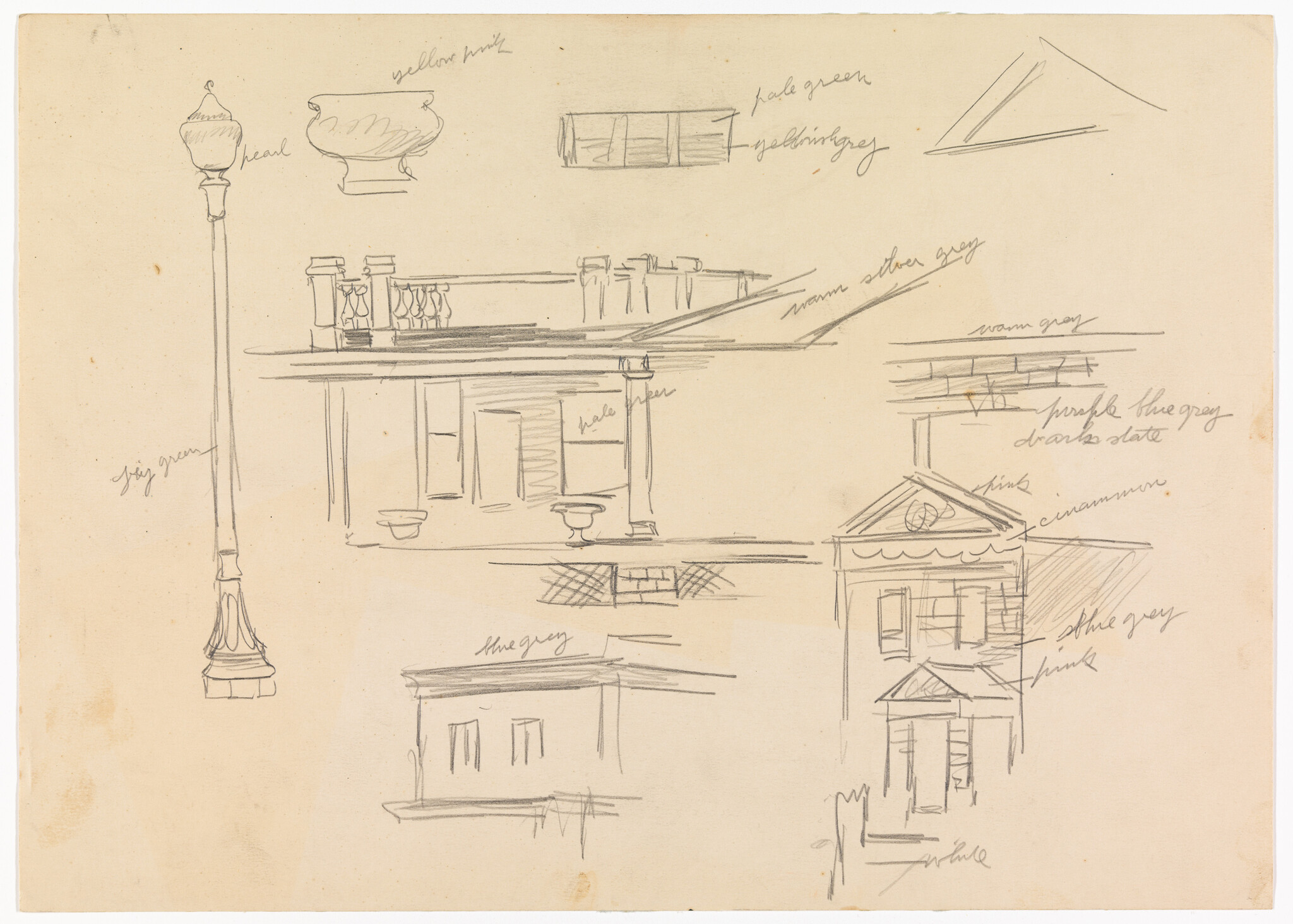 Several pencil sketches of building facades, a streetlamp, and handwritten color notes.