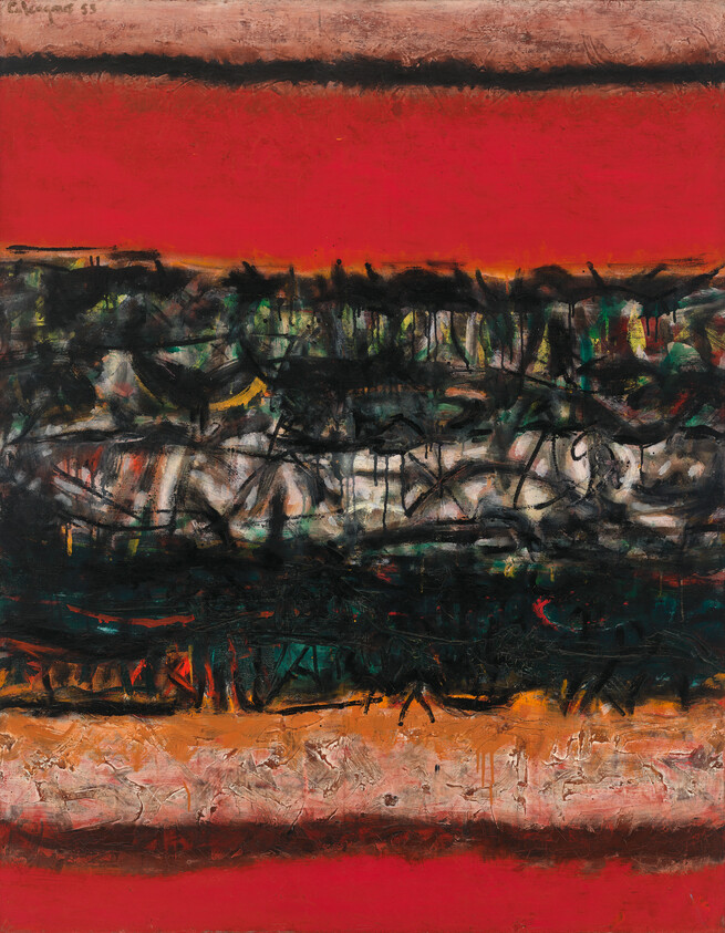 Abstract painting with layered horizontal bands of red, black, and textured mixed colors.