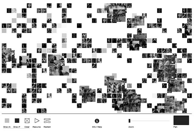 Black and white mosaic of small squares forming a larger image, with a toolbar at the bottom featuring drawing and zoom options.