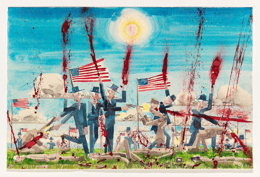 Uniformed soldiers carry American flags amid a chaotic battlefield with blood splatters and falling bodies.