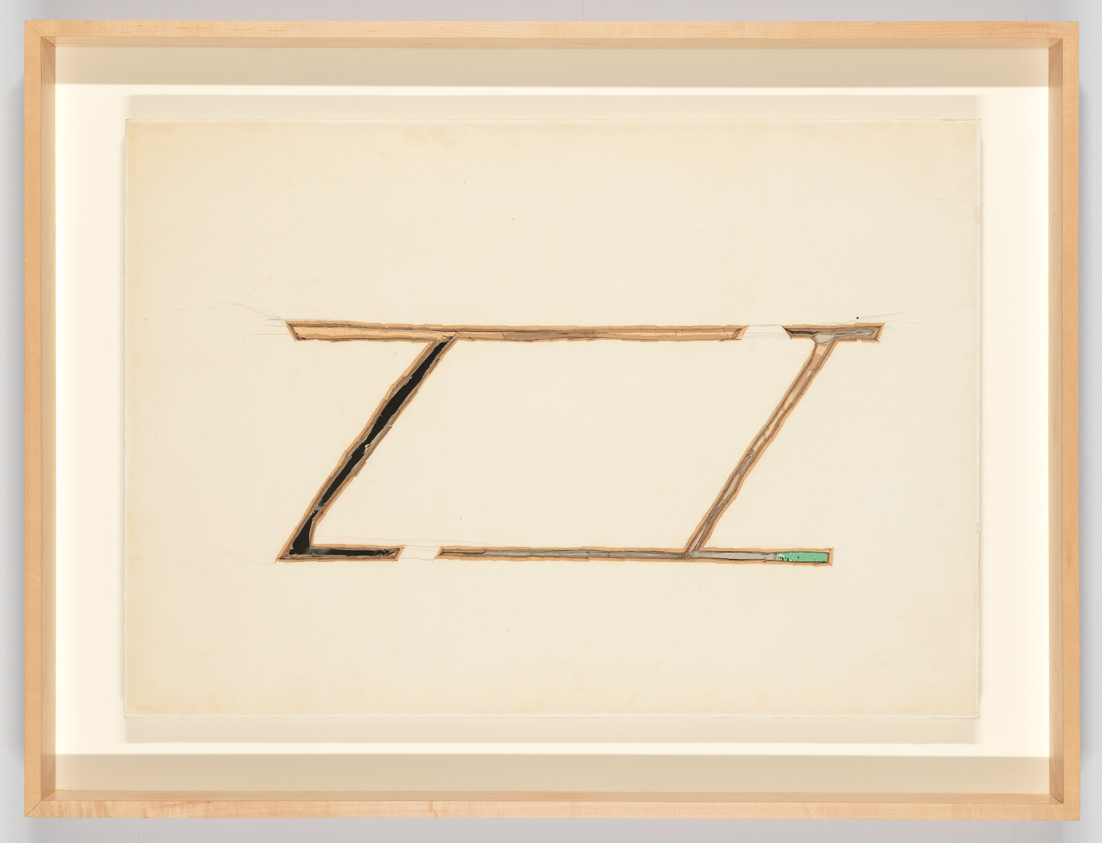 Framed minimalist drawing showing a large Z-shaped outline with a small green rectangle on the lower right.