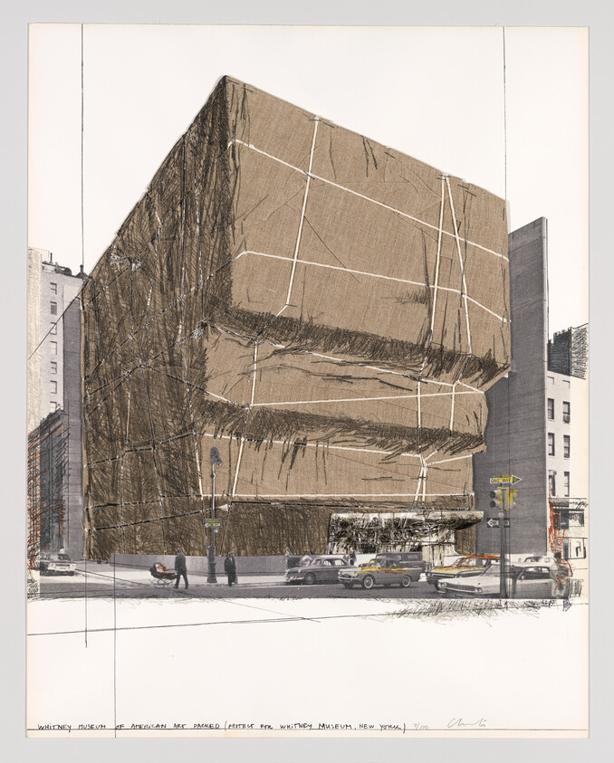 Whitney Museum building wrapped in large brown fabric with people and cars at the street.