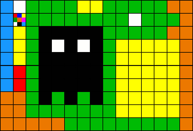 A pixel art black ghost with white eyes on a green background next to a large yellow grid.