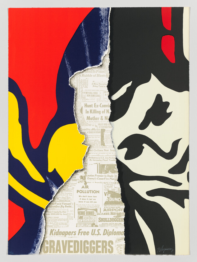 Bold torn collage with colorful abstract shapes, a black-and-white face, and a visible "Gravediggers" newspaper headline.
