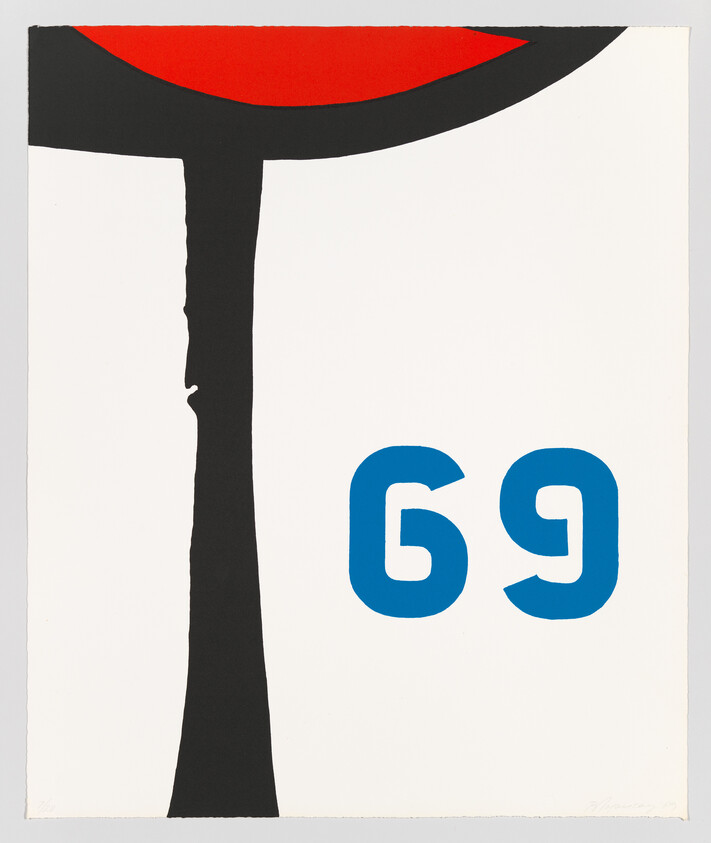Black tree-like shape with red canopy and blue number 69 on white background.
