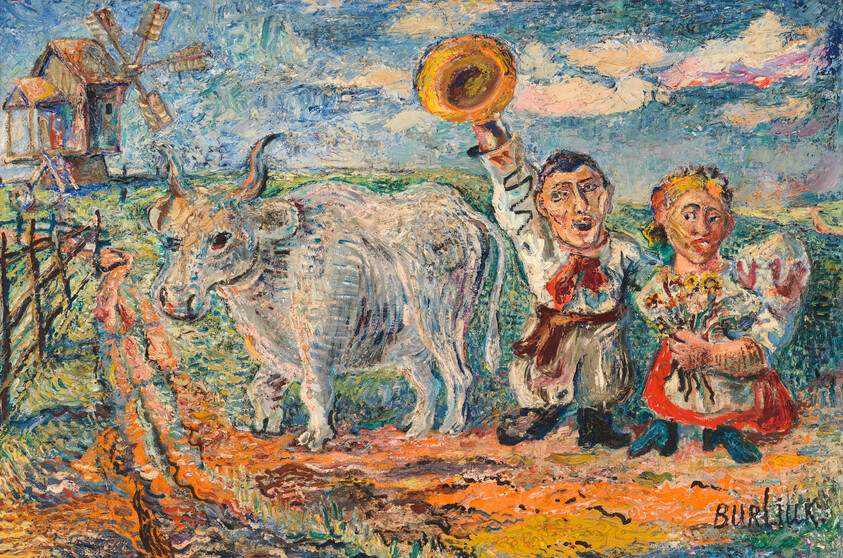 A farmer waving his hat beside a woman holding flowers and a white ox near a windmill.