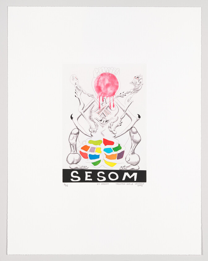 A framed artwork featuring a stylized graphic with two mirrored dragon-like creatures in black and white, holding a red circular object above a colorful, segmented brain-like shape. Below the graphic is the word "SESOM" in bold letters, with the artist's signature and the year 2003 on the bottom right.