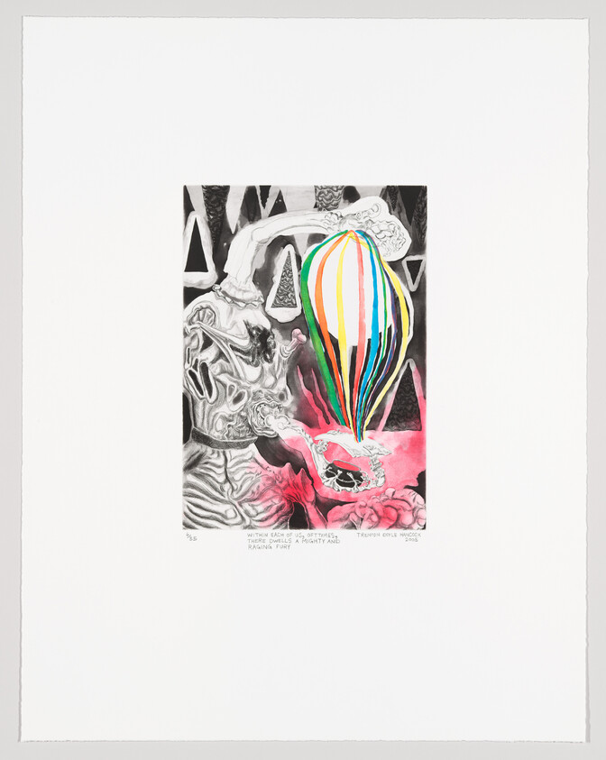 A black and white illustration with a splash of color, featuring an abstract design with a central figure resembling a hot air balloon with colorful stripes. The background contains various shapes and textures, and there is text at the bottom of the artwork.