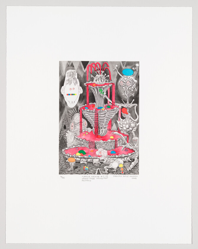 A colorful and intricate artwork featuring a central structure with red piping surrounded by various abstract and whimsical elements, including mushrooms, faces, and organic shapes, predominantly in shades of red, gray, and blue, with a caption at the bottom indicating the title and artist.