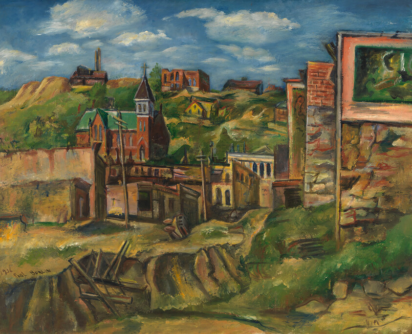 An expressive oil painting depicting a vibrant, hilly landscape with various architectural structures, including a church with a prominent red roof and a steeple. The foreground shows a broken wooden cart near a deep pit, while the background features rolling hills with scattered buildings under a dynamic blue sky with fluffy clouds. The brushwork is loose and impressionistic, adding a sense of movement and texture to the scene.