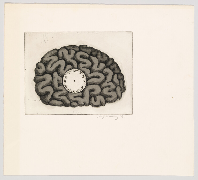 A detailed drawing of a brain with a round clock face embedded in its center.