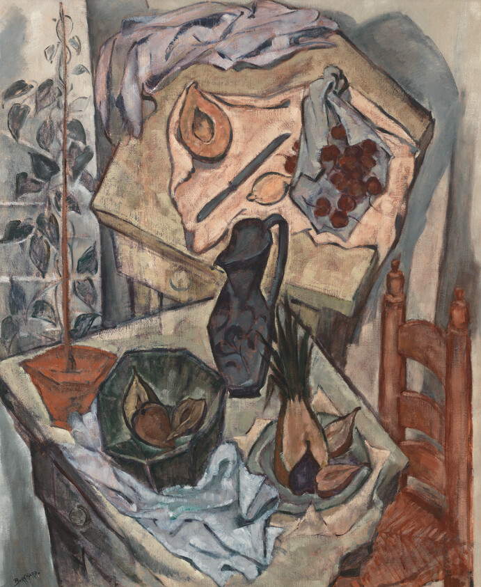 A still life showing a table with a dark pitcher, bowls of fruit, and draped cloth.