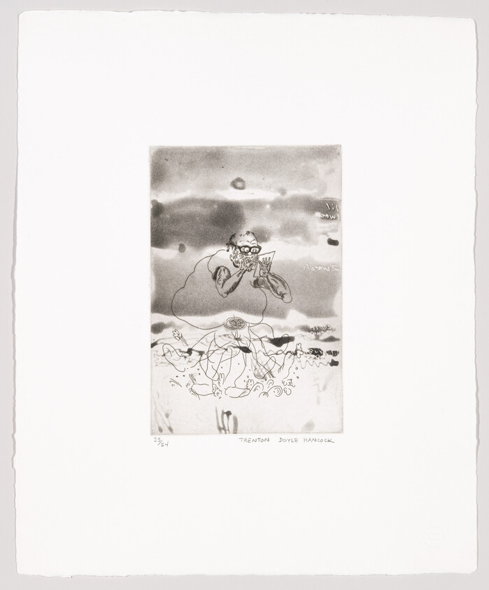 A seated bespectacled man reads a small book above tangled, scribbled legs and waves.