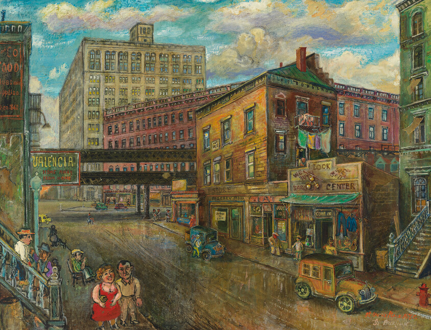 A busy city street with old cars, pedestrians, and elevated train tracks above storefronts.