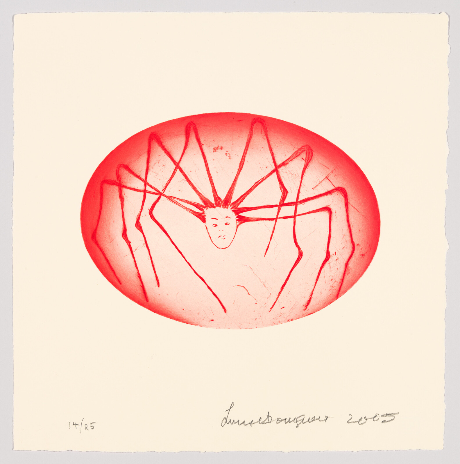A stylized red and white print featuring a human face with spider-like legs extending from the head, set against a circular red background. The artwork is numbered and signed by the artist at the bottom.