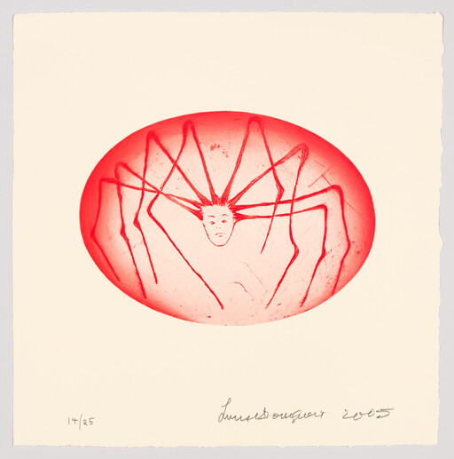 A red oval contains a spider-like creature with a small human face and long spindly legs.