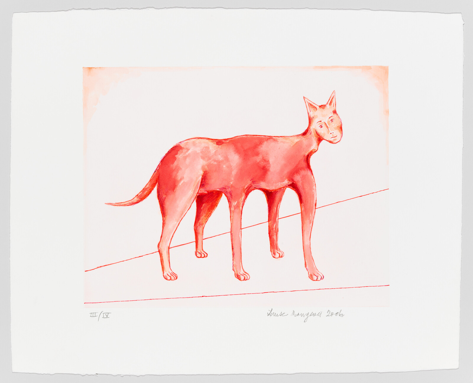 A red cat-like creature with six legs stands on a slanted line, looking toward the viewer.