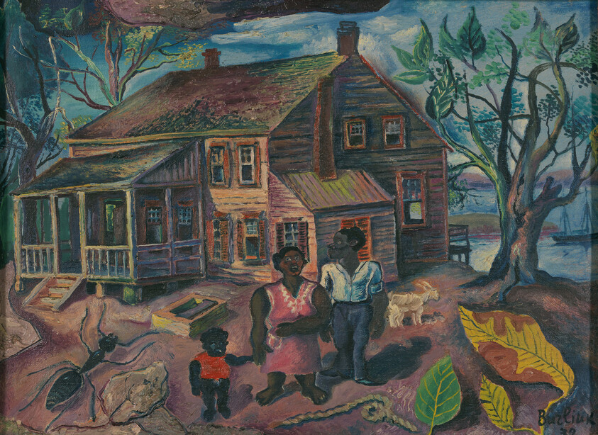 A family stands together outside a weathered wooden house by the river with a small dog nearby.