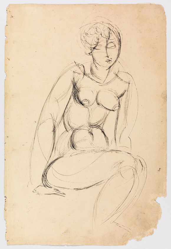A sketch of a seated female figure on aged paper, with loose, expressive lines defining her form and features. The drawing is unfinished, capturing the essence of the figure with minimal detail. The paper has rough edges and shows signs of wear.