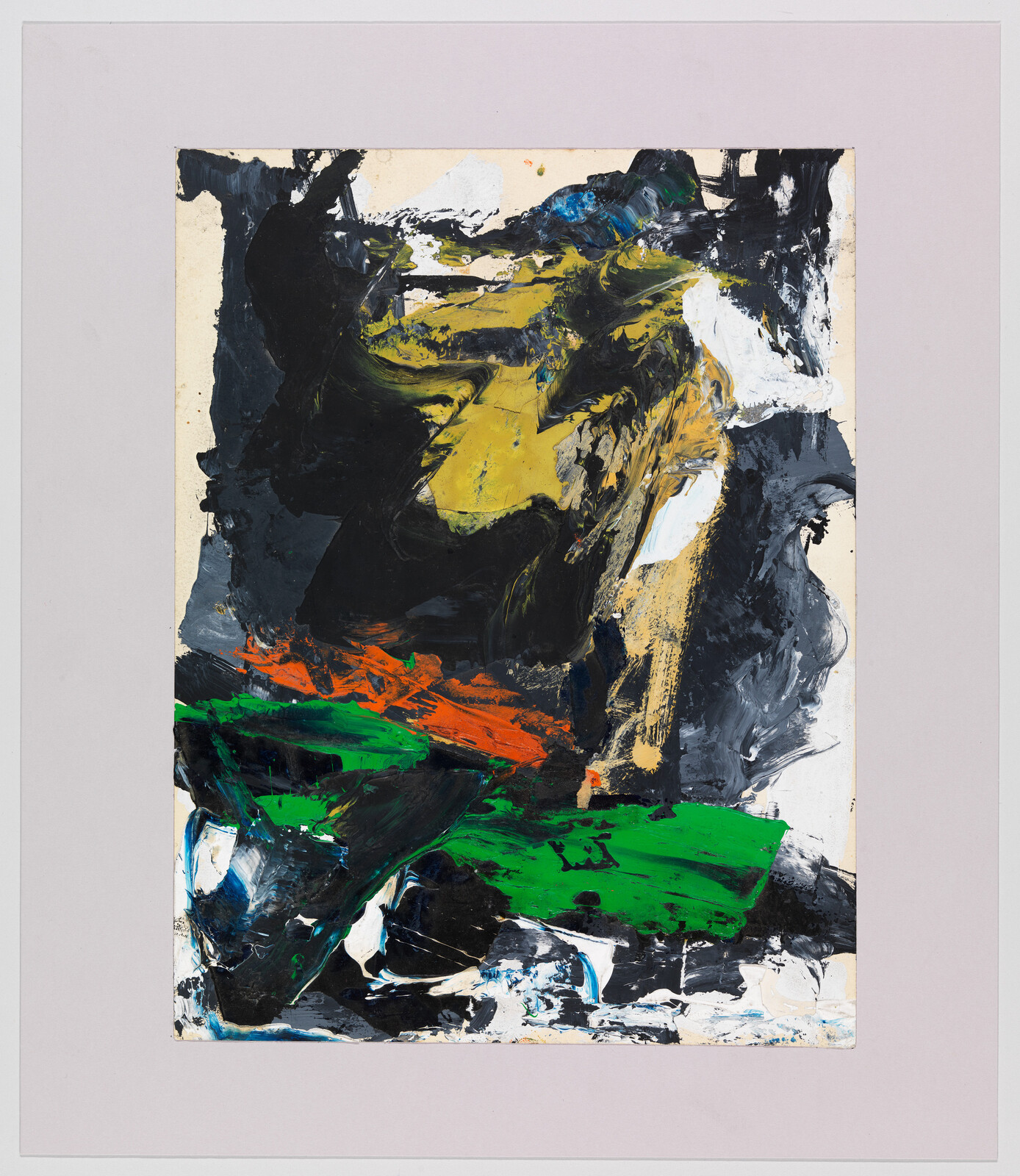 Abstract painting with bold black, yellow, green, and orange brushstrokes framed by a pale mat.