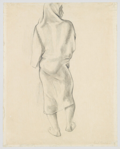A barefoot person seen from behind wearing a draped shawl and skirt.