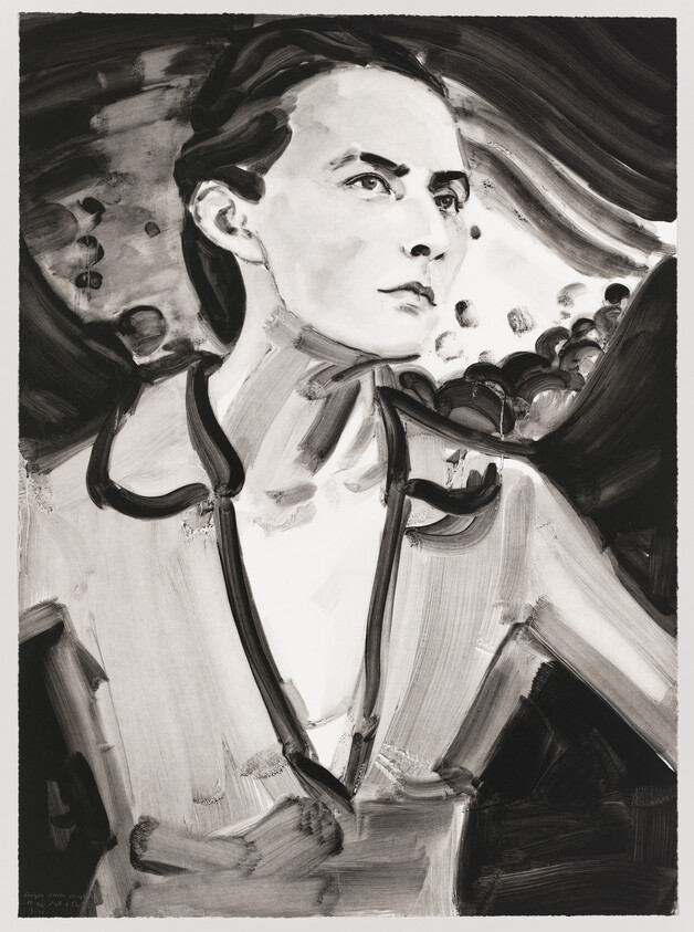 A monochrome painted portrait of a poised woman wearing a long necklace and looking off to the side.