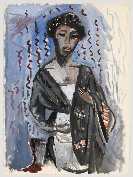 A standing woman in a dark shawl places her hand on her chest against a blue background.