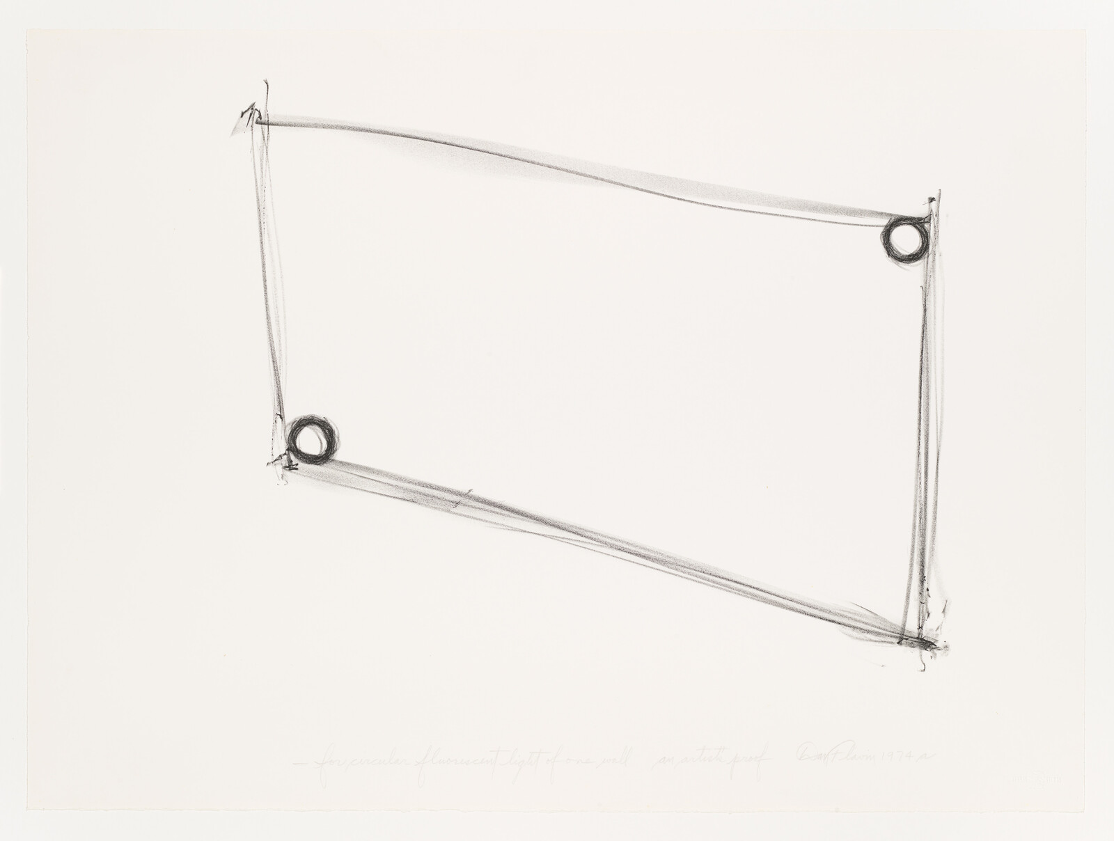 A minimalist sketch of a rectangular frame with rounded corners and two circles at the top corners, possibly representing eyes. The lines are thin and lightly drawn, with some shading around the circles and corners. There is handwritten text at the bottom left corner, which appears to be a signature and date, indicating the artwork was created in 1974. The background is plain white.