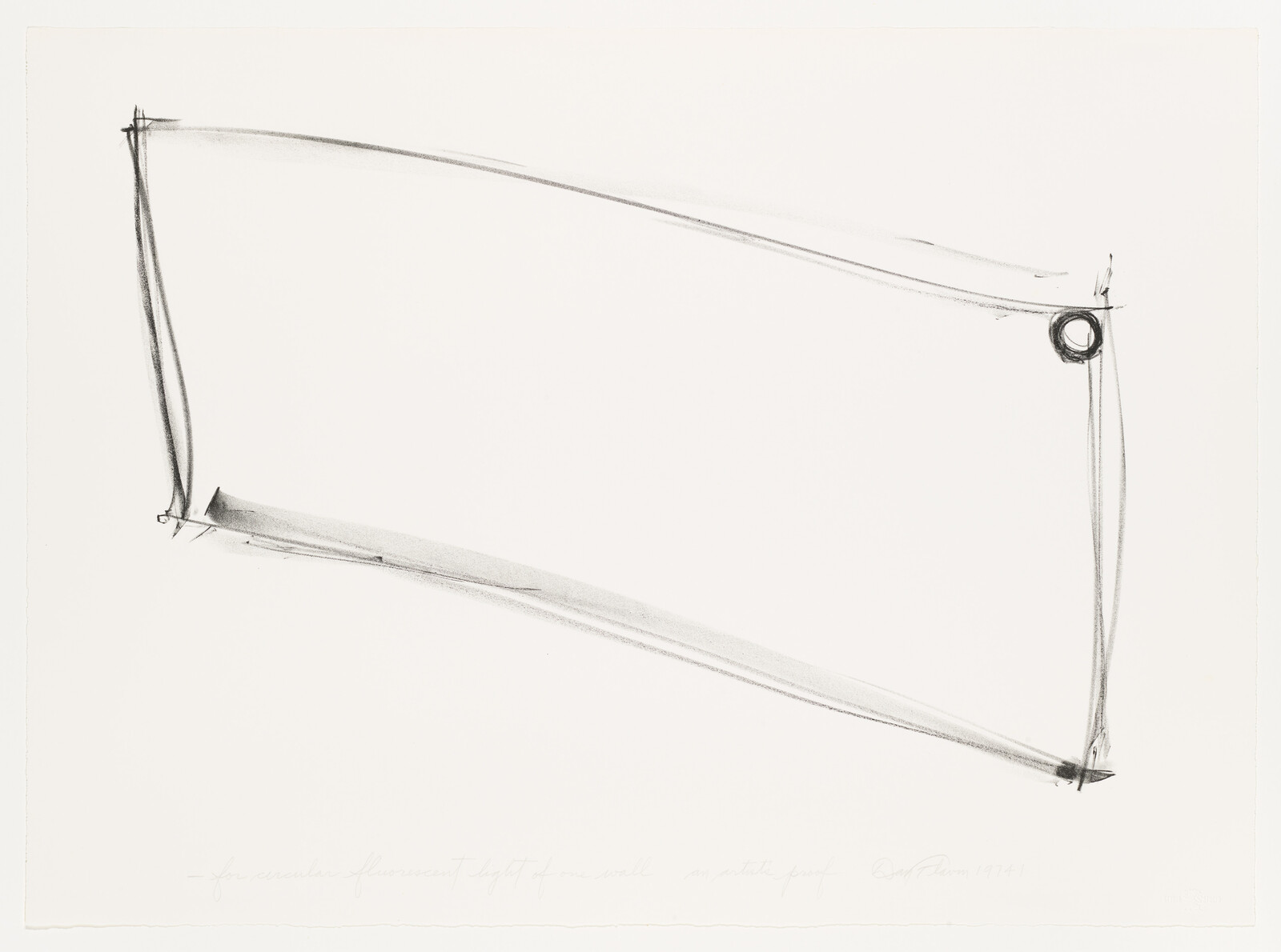 A minimalist sketch of a geometric shape resembling a stretched rectangle with rounded corners and a large circle at one corner, on a white background. There is handwritten text at the bottom left corner of the image.