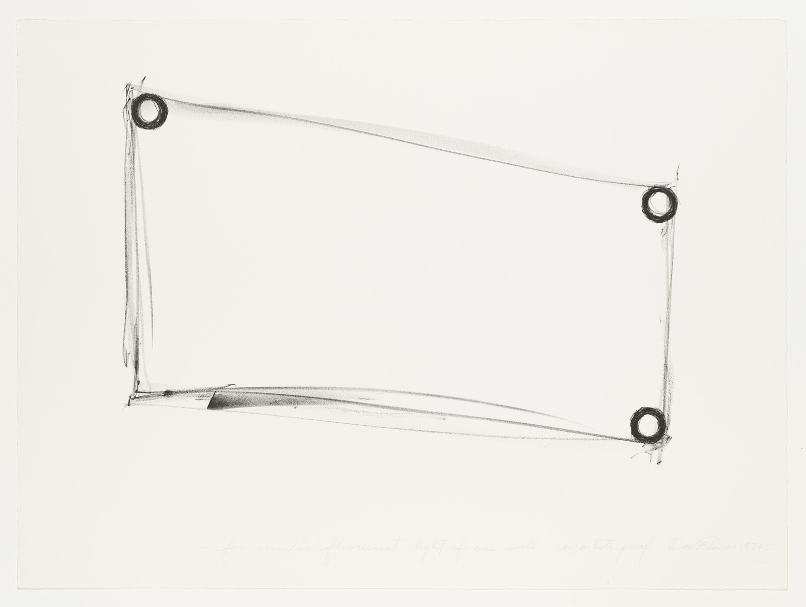 A black and white sketch of a minimalist rectangle, represented by four eyelets at the corners connected by thin lines, on a white background. There is handwritten text at the bottom, possibly the artist's signature and the year 1972.