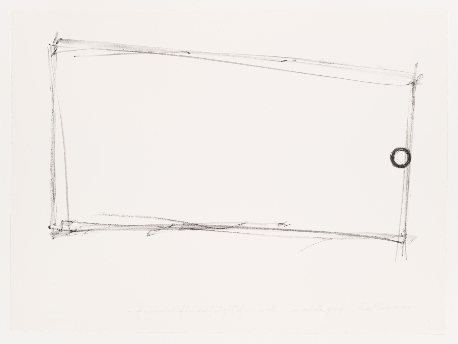 A minimalist sketch of a rectangular frame with a single circle inside the right side, drawn in pencil on white paper. The lines are thin and lightly drawn, with some text written at the bottom in cursive handwriting.