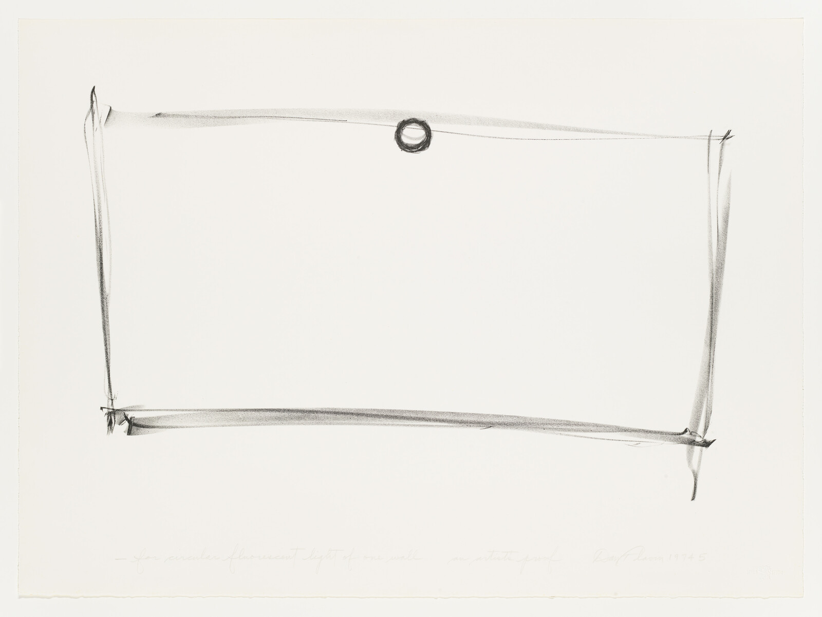 A minimalist sketch of a rectangular frame with a loop at the top center, drawn in a light, sketchy style on a white background. Handwritten text and a signature are visible at the bottom of the image.