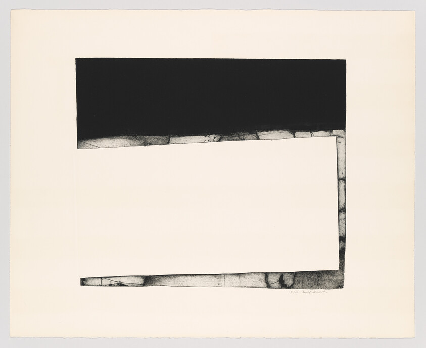 A minimalist black rectangular frame with a thick top bar and textured sides on white.