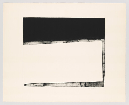 A minimalist black rectangular frame with a thick top bar and textured sides on white.