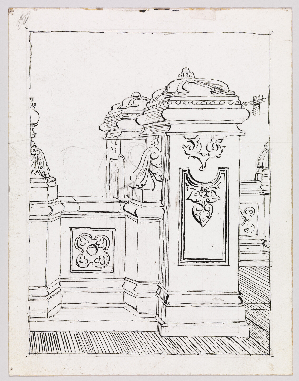 Ornate carved stone balustrade with decorative panels and molded caps in pen drawing.