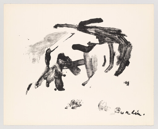 Abstract black ink brushstrokes spread across a white page with a small signature at the bottom.