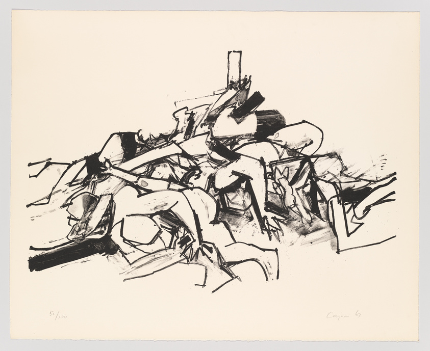 A black and white abstract lithograph featuring dynamic, gestural lines and shapes that create a sense of movement and chaos. The artwork is numbered 51/100 and signed by the artist, dated '65, in the lower right corner. The paper has a textured appearance with a blank border surrounding the image.