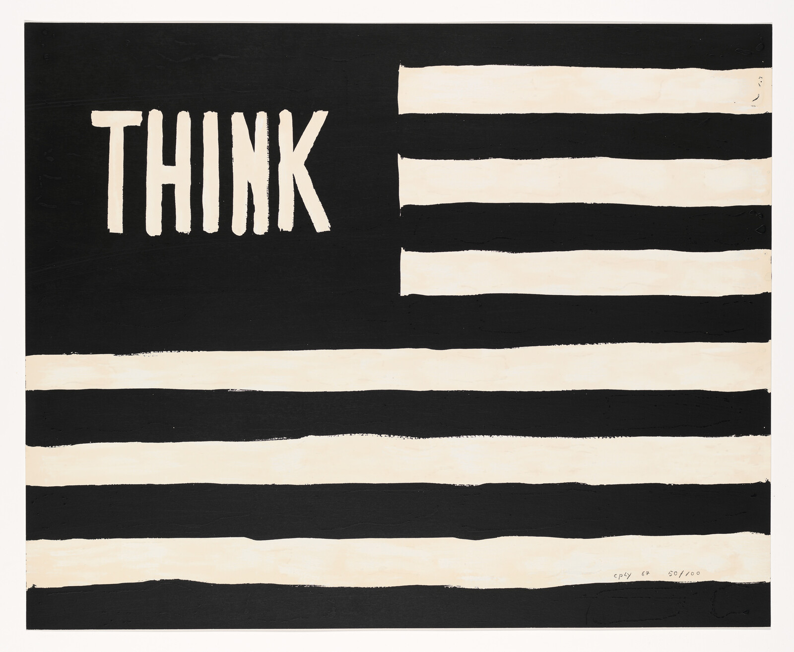 A black-and-white striped flag-like design with the word "THINK" painted in the top-left corner.
