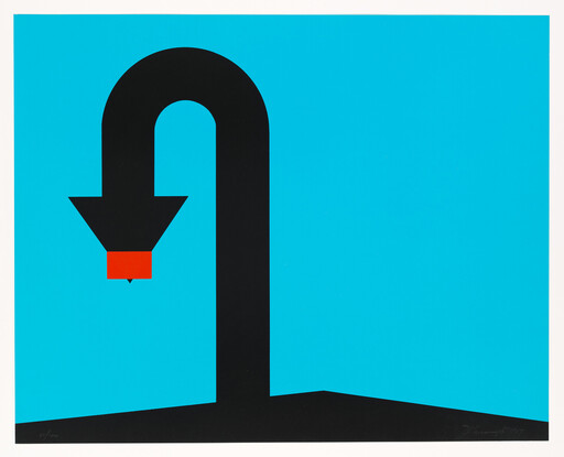 A large black curved faucet-like shape with a red nozzle against a bright blue background.