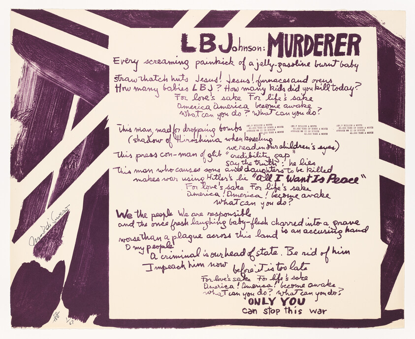 A protest poster accusing a political leader of murder with handwritten pleas to stop the war.