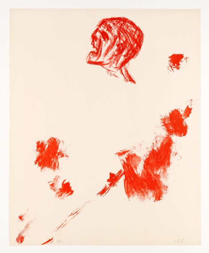 A red lithograph print featuring an abstract profile of a human head in the upper left corner and scattered, expressive brush strokes across the rest of the canvas. The background is a warm, off-white color, and the artwork has a raw, spontaneous quality.