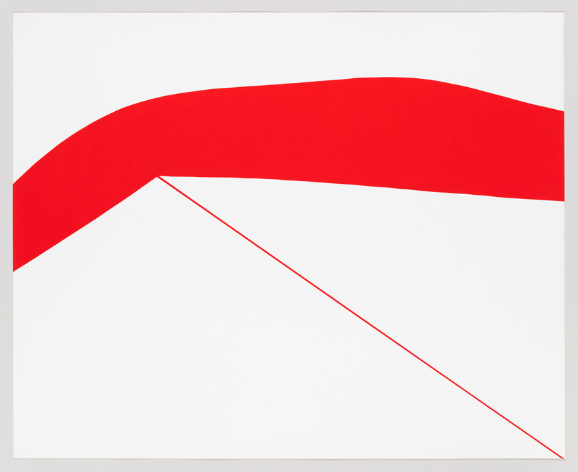 A minimalist graphic artwork featuring a bold red curved line across the top and a red diagonal line creating a triangular shape on a white background.