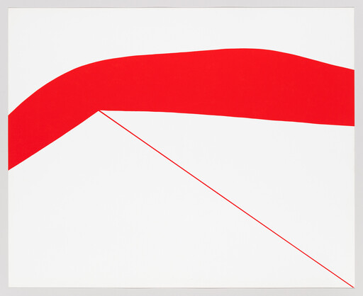 Bold red curved band across the top with a thin red diagonal line meeting at a corner.
