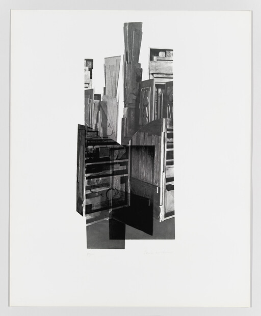 A black-and-white collage of overlapping wooden drawers and panels forming a tall abstract structure.