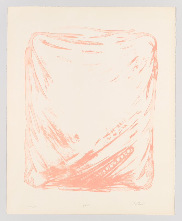 A minimalist abstract print with a peach or light red hue on an off-white paper. The central figure resembles a draped cloth or a flowing form with dynamic lines and curves, suggesting movement. There are inscriptions at the bottom, possibly the artist's signature and edition number.