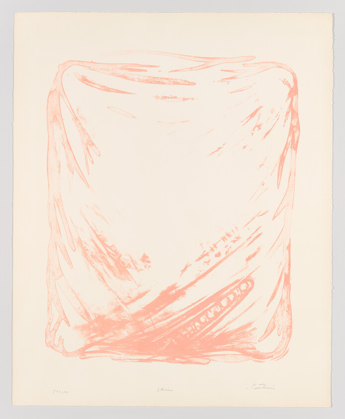 A minimalist abstract print with a peach or light red hue on an off-white paper. The central figure resembles a draped cloth or a flowing form with dynamic lines and curves, suggesting movement. There are inscriptions at the bottom, possibly the artist's signature and edition number.