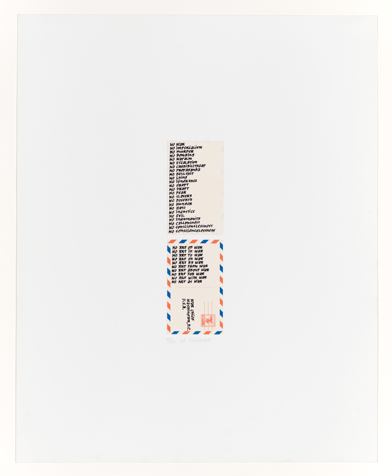 Two handwritten notes on a white background list phrases like “NO ART OF WAR” and “NO IGNORANCE.”