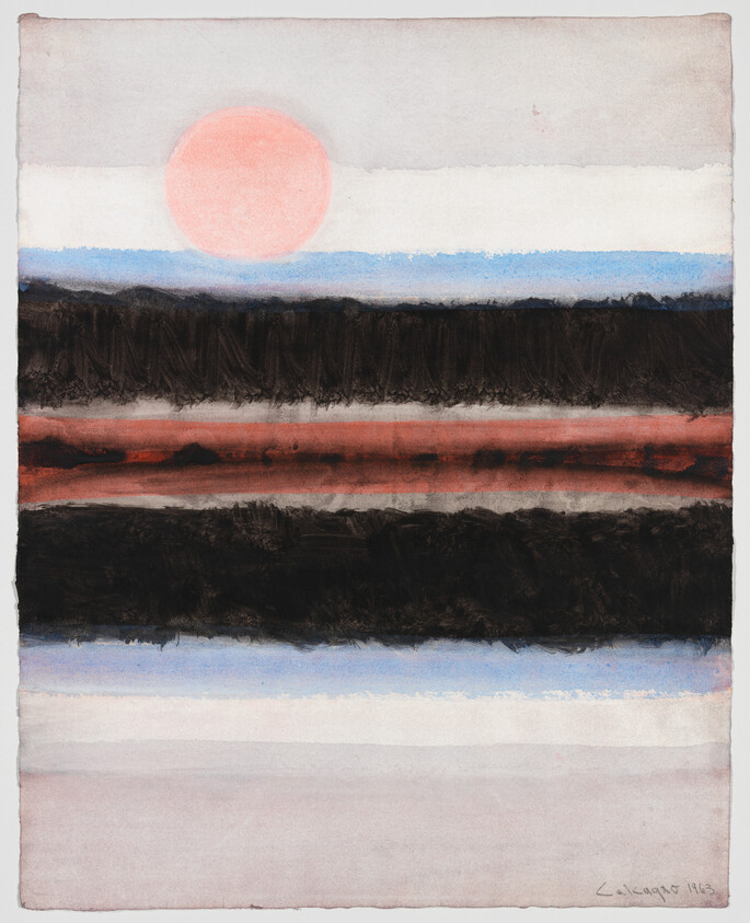 A pink sun rises above layered horizontal bands of black, red, blue, and pale tones.