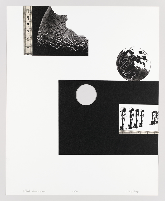 A conceptual artwork featuring a collage of various elements: the upper left shows a textured crescent shape resembling a celestial body next to a ruler, the upper right displays a circular image with a pattern that could be interpreted as a planet or moon surface. Below, a large black rectangle with a white circle cut out is positioned above a smaller rectangle depicting silhouetted figures with elongated shadows, resembling astronauts on a ruler-like surface. The artwork includes signatures and edition number at the bottom.