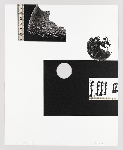 Black rectangular collage with moon images, ruler, circular cutout, and small standing figure silhouettes.